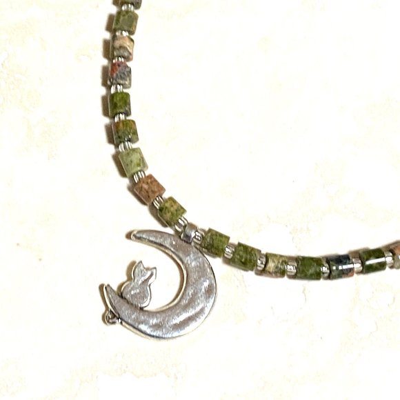 Unakite Stone Silver Cat on the Moon Necklace, Genuine Gemstone Beaded Necklace - Picture 8 of 10